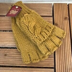 Mitten Fingerless Gloves Mustard Yellow Cable Knit Convertible NEW